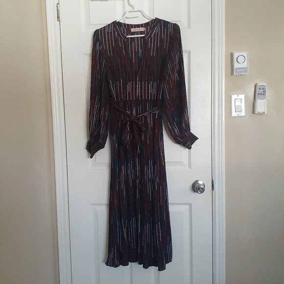 Traffic People Women's S Multicolor Stripes Retro 70's Long Sleeve Midi Dress - Picture 3 of 14